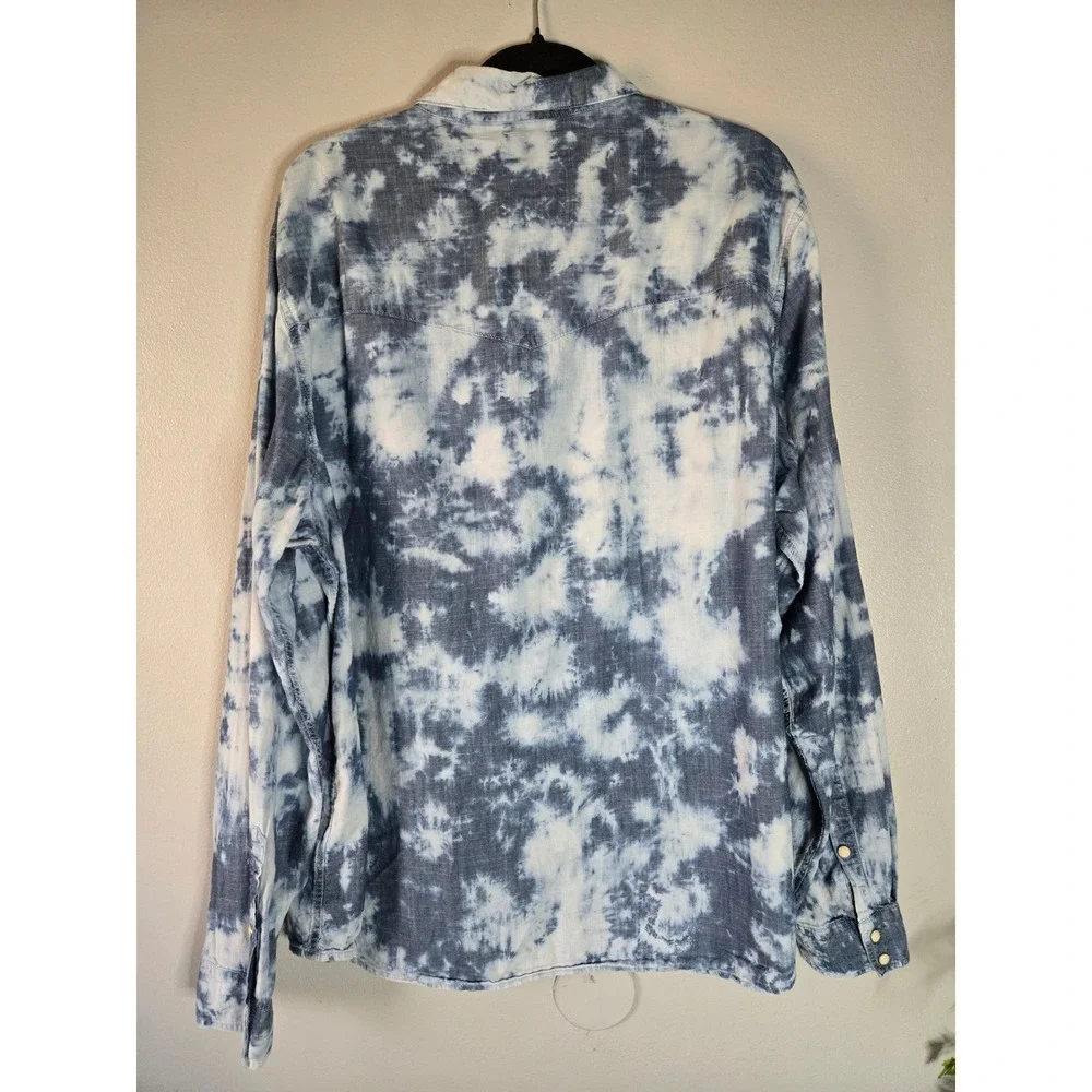 True Religion Tie Dye Western Shirt Indigo‎ Bleached Snap Button Denim